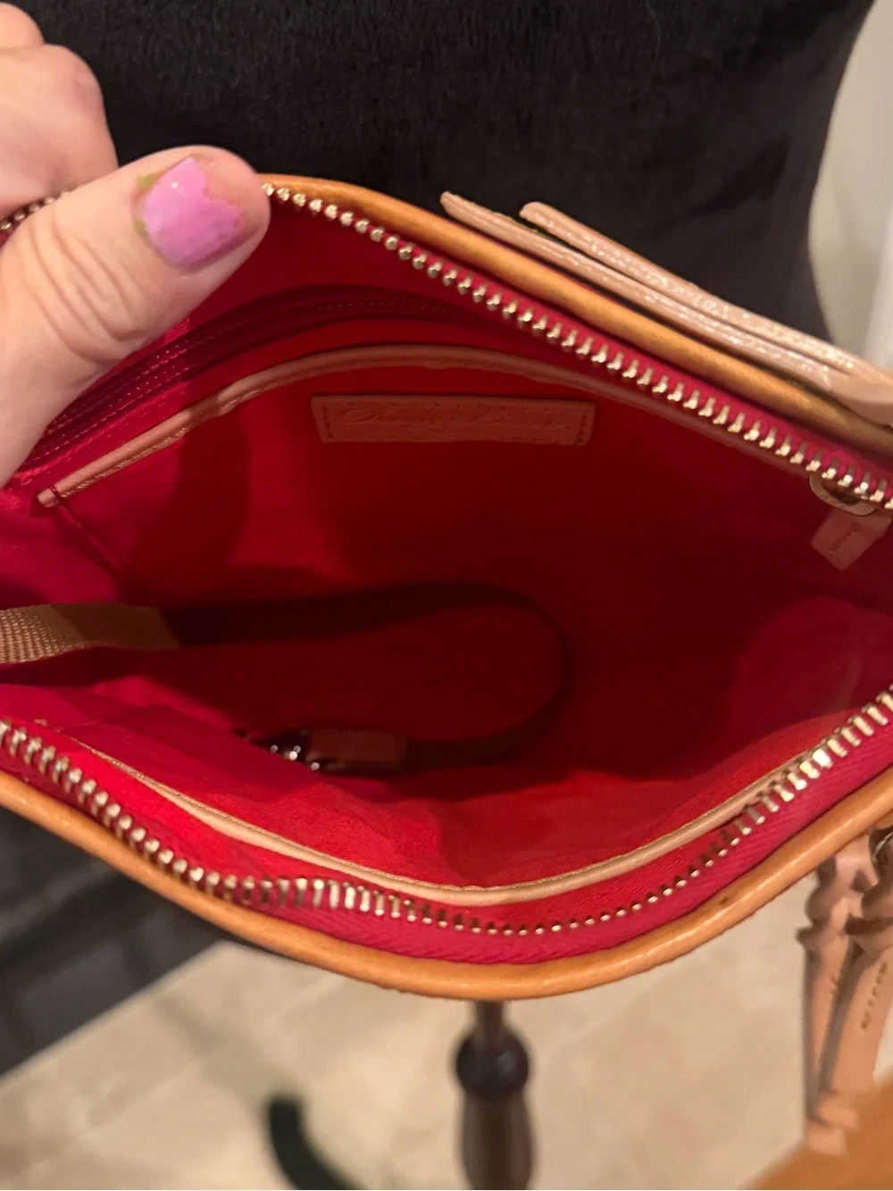 Dooney & Bourke Red Logo Crossbody with Tan Strap